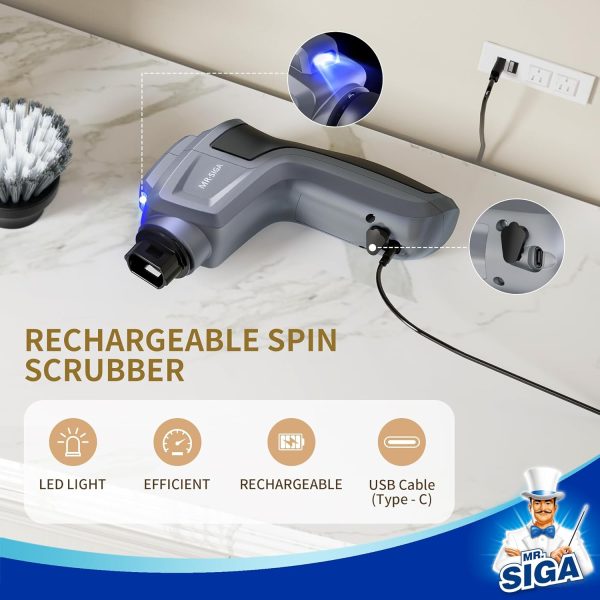 MR.SIGA Electric Spin Scrubber for Kitchen and Bathroom Cleaning, Waterproof Rechargeable Cordless Spin Scrubber with 5 Replaceable Cleaning Brushes and Pads - Image 7