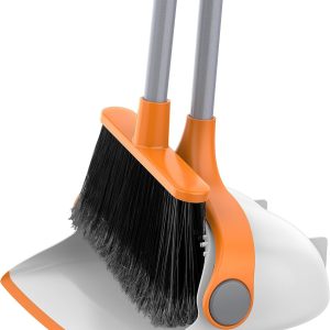 MR.SIGA Broom and Dustpan Set with Long Handle, Stand Upright Broom with Dustpan Combo for Cleaning Office, Garage, Lobby, Lightweight Sweeping Set, 51.7"(131 cm) Long Handle, White & Orange