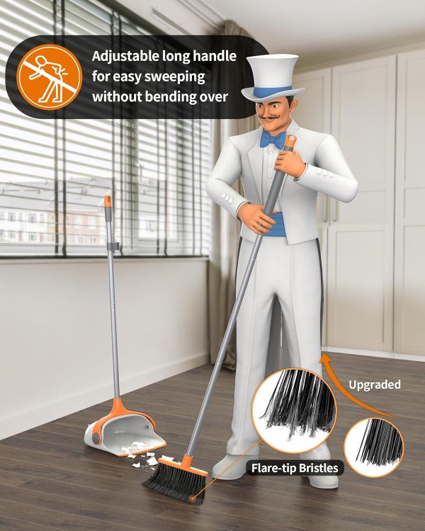 MR.SIGA Broom and Dustpan Set with Long Handle, Stand Upright Broom with Dustpan Combo for Cleaning Office, Garage, Lobby, Lightweight Sweeping Set, 51.7"(131 cm) Long Handle, White & Orange - Image 2