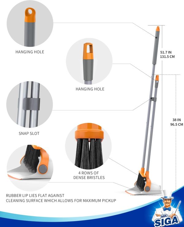 MR.SIGA Broom and Dustpan Set with Long Handle, Stand Upright Broom with Dustpan Combo for Cleaning Office, Garage, Lobby, Lightweight Sweeping Set, 51.7"(131 cm) Long Handle, White & Orange - Image 6