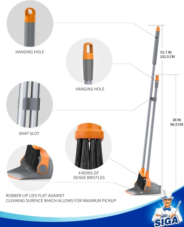 MR.SIGA Broom and Dustpan Set with Long Handle, Stand Upright Broom with Dustpan Combo for Cleaning Office, Garage, Lobby, Lightweight Sweeping Set, 51.7"(131 cm) Long Handle, White & Orange - Image 13