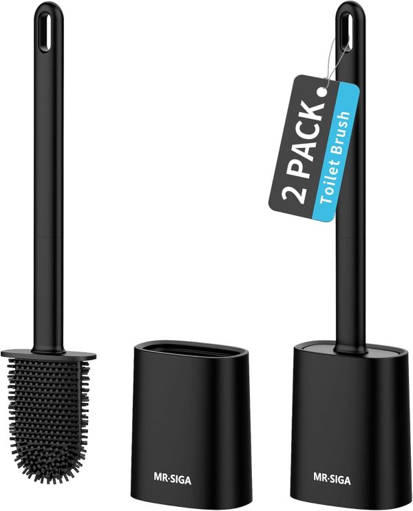MR.SIGA Toilet Brush and Holder Set, Wall Mounted Toilet Bowl Brush, Compact Toilet Scrub Brush with Holder for Bathroom, Black, 2 Pack
