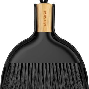 MR.SIGA Mini Dustpan and Brush Set, Portable Cleaning Brush and Dustpan Combo with Bamboo Handle, Black, 1 Set