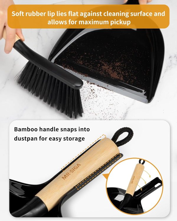 MR.SIGA Dustpan and Brush Set, Portable Cleaning Brush and Dustpan Combo with Bamboo Handle, Black, 1 Set - Image 3