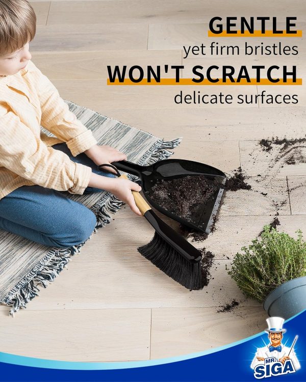 MR.SIGA Dustpan and Brush Set, Portable Cleaning Brush and Dustpan Combo with Bamboo Handle, Black, 1 Set - Image 4