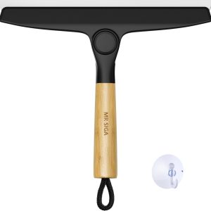 MR.SIGA All Purpose Silicone Squeegee for Shower Door, Mirror, Glass, Streak Free Shower Squeegee, Pivoting Bamboo Handle, Includes 1 Suction Hook, 10 inch Wide, Black, 1 Pack