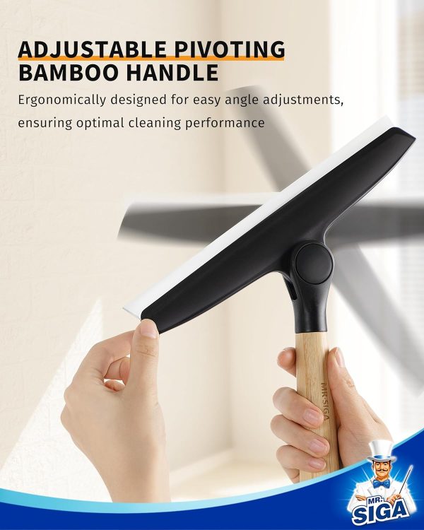 MR.SIGA All Purpose Silicone Squeegee for Shower Door, Mirror, Glass, Streak Free Shower Squeegee, Pivoting Bamboo Handle, Includes 1 Suction Hook, 10 inch Wide, Black, 1 Pack - Image 4