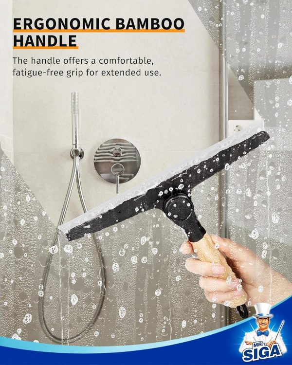 MR.SIGA All Purpose Silicone Squeegee for Shower Door, Mirror, Glass, Streak Free Shower Squeegee, Pivoting Bamboo Handle, Includes 1 Suction Hook, 10 inch Wide, Black, 1 Pack - Image 5