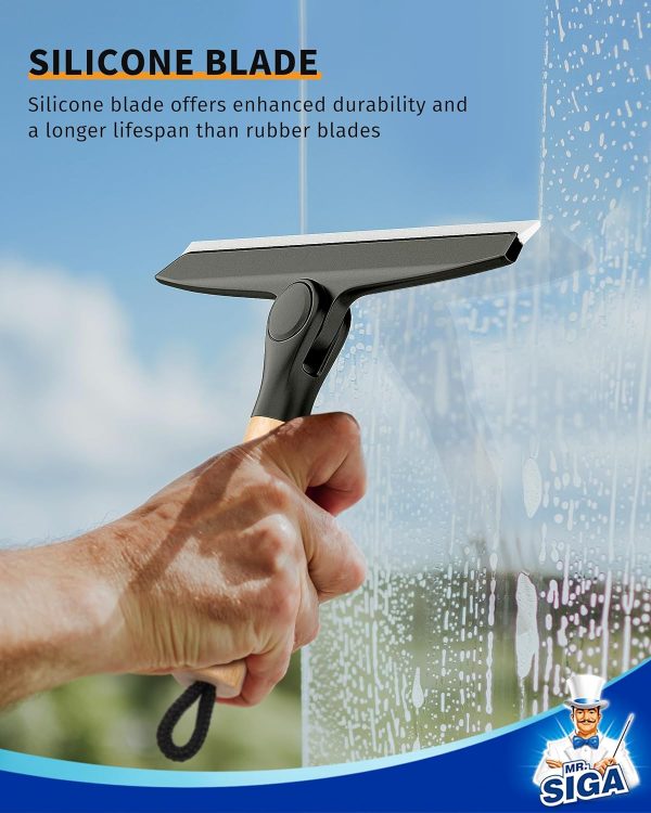MR.SIGA All Purpose Silicone Squeegee for Shower Door, Mirror, Glass, Streak Free Shower Squeegee, Pivoting Bamboo Handle, Includes 1 Suction Hook, 10 inch Wide, Black, 1 Pack - Image 6