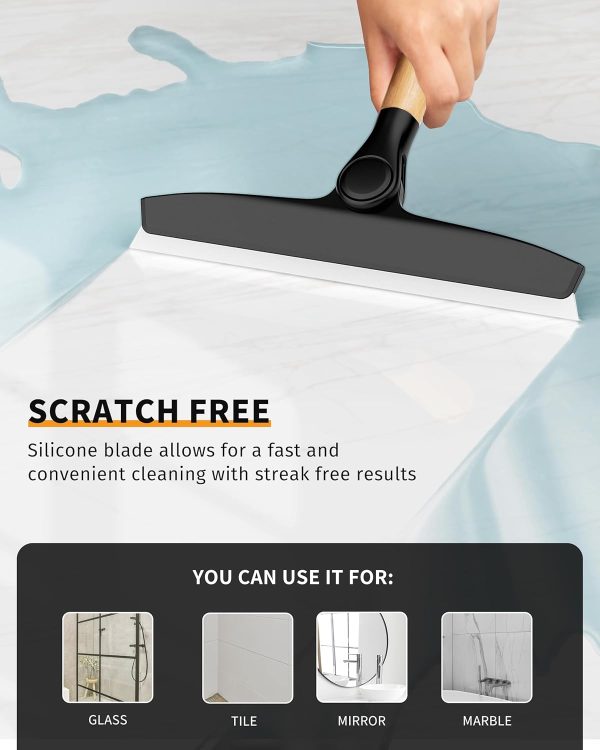 MR.SIGA All Purpose Silicone Squeegee for Shower Door, Mirror, Glass, Streak Free Shower Squeegee, Pivoting Bamboo Handle, Includes 1 Suction Hook, 10 inch Wide, Black, 1 Pack - Image 7