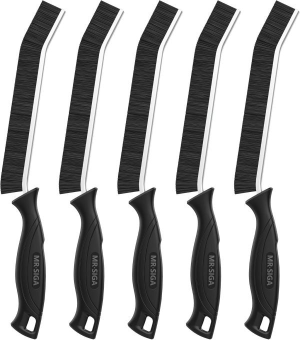 MR.SIGA Crevice Cleaning Brush with Handle, Heavy Duty Scrub Brush for Deep Cleaning, Flexible Grout Cleaner Brush, 5 Pack, Black